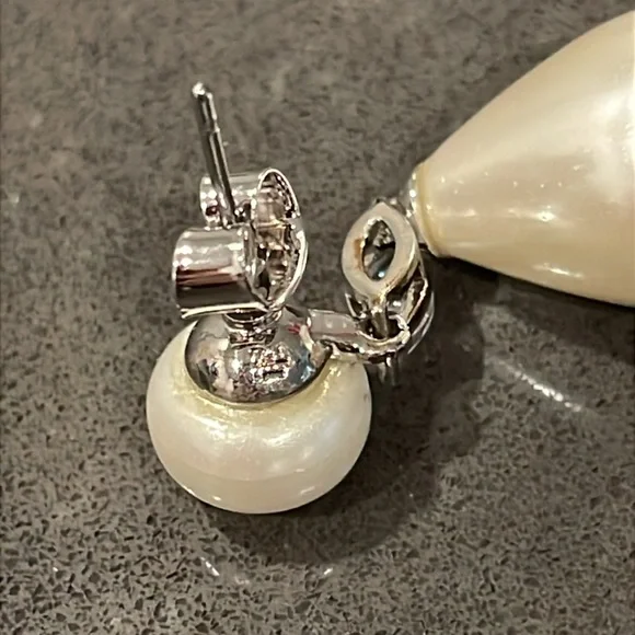 Faux Pearl and Cubic Zirconia Silver Tone Drop Earrings - Picture 9 of 10